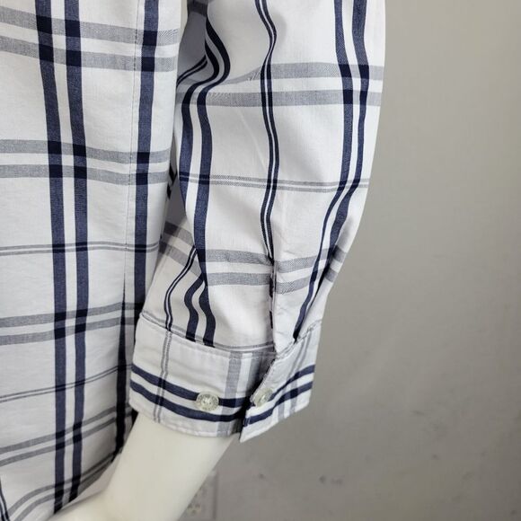Basic Editions White Plaid Hidden Button Panel Collared Blouse Size M - Picture 7 of 10